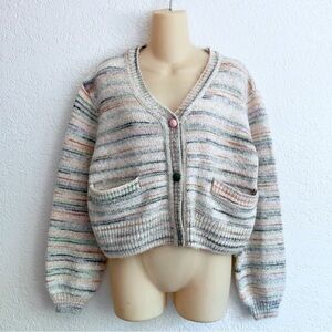 A La Sha Wool Blend Striped Multicolor Boxy Sweater Cute Buttons MEDIUM